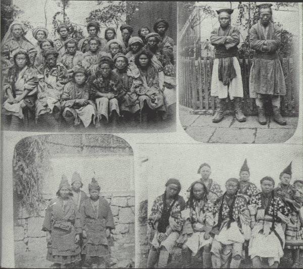Top left&mdash;Hua Miao, all men, of North-eastern Y&uuml;n-nan. Top right&mdash;Ch'in
Miao, men, of Kwei-chow. Bottom left&mdash;Three Heh Miao—all women. Bottom
right&mdash;Hua Miao—two women have their hair done up in shape of horn to
denotes that they are married; others man.