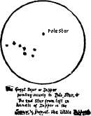 The Great Bear or Dipper pointing
nearly to Pole Star. The 2nd star from left in handle of Dipper is the
Squaw, & from it, the little papoose