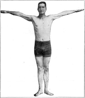 FIG. 2.&mdash;ARMS CROSS

On the "Cross" position the arms should be straight out horizontally
from the body, with the elbows locked. At the same time, resistance
should be placed against the head and neck coming forward at all. These
should be held in exactly the same position as at "Attention." The
tendency is either to let the arms bend a little or to let them drop
below the horizontal, or even to hold them slightly above the level.