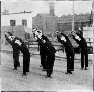 FIG. 12.&mdash;WAVE

In the "Wave" the tendency is to go too far forward and not far enough
back, the result being an unsymmetrical motion. It is very easy to go
forward, but more difficult to make the motion to the side and back.
Care should be taken that the arms are kept squarely against the ears.
The motion should be like waving the mast of a ship, the hips
representing the deck and the trunk, head, and arms up to the top of the
hands, the mast.