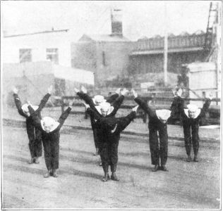 FIG. 15.&mdash;WING

In the "Wing" position, which is a final breathing exercise, the breath
should be taken well in as the arms are raised over the head; then
exhaled as the body and arms swing forward, with a final crowding out of
some of the residual air by forcing in the abdomen as the arms are
raised over the back. Start the inhalation again as the arms come
forward.