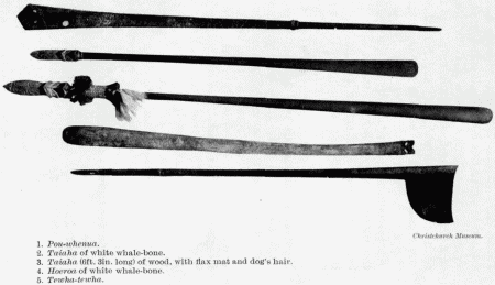 Christchurch Museum

1. Pou-wherma.
2. Taiaha of white whale-bone.
3. Taiaha (6ft. 3in. long) of wood, with flax mat and dog's hair.
4. Hoeroa of white whale-bone.
5. Tewha-tewha.