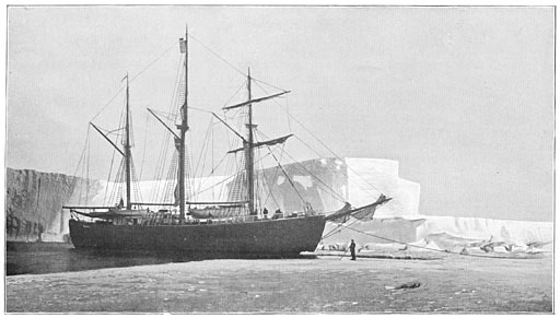 De Fram ankert in de Walvischbaai. Op den voorgrond de IJszee, op den achtergrond de Groote Barri&egrave;re.