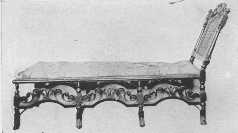 The first day beds, or chaise longue, were made during
the Jacobean period. As will be seen, this "stretcher," as they were
also called, has Charles II influence in its carving and Spanish feet.