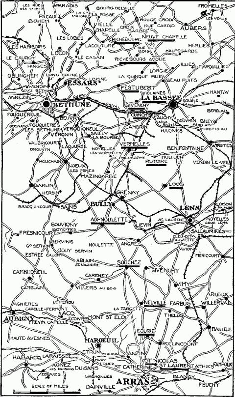 The places underlined in the above map indicate the points around La Bass�e and southward to Arras, where part of the British Expeditionary Force was heavily engaged.