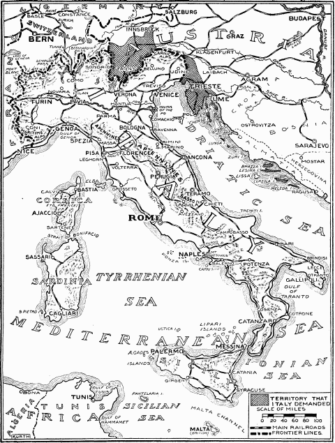 Italy and the Austrian Frontier&mdash;The shaded portions on the Austrian frontier represent the provinces of Italia Irredenta, which Italy would win back.