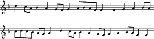 [G: d'' (c''�a') b-' (a'�(g'�f')) g' (a'�b-'�a'�f') f' | f' g'
 a' (b-'�a') (c''�d''�c''�b-') (a'�g') a' |
 d'' (c''�a') b-' a' (g'�f') g' (a'�(b-'�a')�f') f']