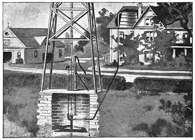 FIG. 125.&mdash;The windmill pumps water into the tank.