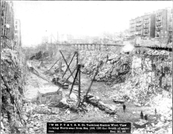 Plate L, Fig. 2.&mdash; TW 35, P.T. & T.R.R. Co. Terminal Station West. View looking Northwest from Sta. 184, 120 feet South of center line. Dec. 31, 07.