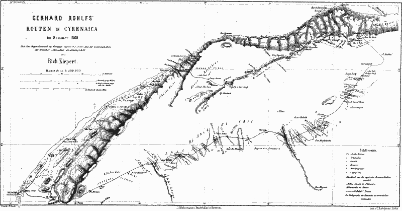 [Illustration: GERHARD ROHLFS' ROUTEN IN CYRENAICA im Sommer 1869. Nach dem Originalentwurfe des Reisenden Ma�stab c'a 1:150,000 und der K�stenaufnahme der britischen Admiralit�t zusammengestellt von Rich. Kiepert. Ma�stab in 1:500,000.]