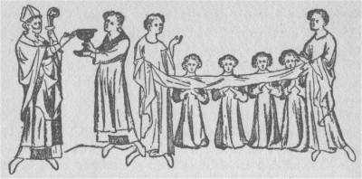 ADMINISTERING HOLY COMMUNION WITH THE HOUSEL CLOTH.
From a Fourteenth-Century Manuscript.
