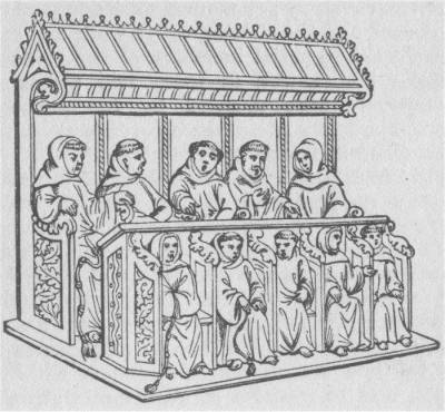SEMI-CHOIR OF FRANCISCANS.
From a Fifteenth-Century Manuscript.