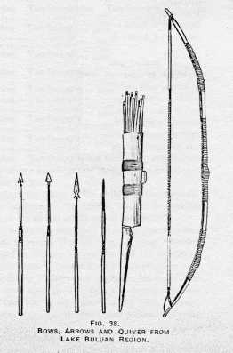 FIG. 38. BOWS, ARROWS AND QUIVER FROM
LAKE BULÚAN REGION.