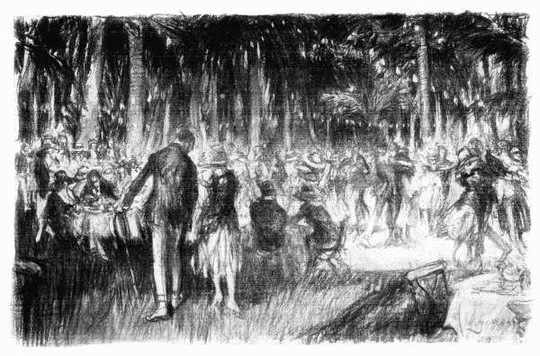 You will see them having tea, and dancing under the palm fronds of the cocoanut grove, when the electric lights begin
to glow in the luminous semi-tropical twilight