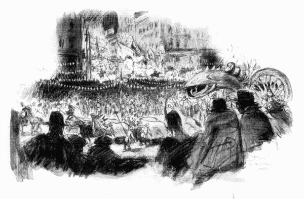 Passing between the brilliantly illuminated buildings, under festoons of electric lights the Mardi Gras parades, with
their floats, their bands, their torch-bearers, their masked figures, are glorious sights for children from eight
to eighty years of age