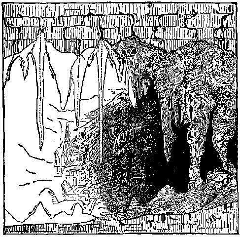 Fig. 13.&mdash;Stalactites and stalagmites on roof and floor
of a cavern. The arrows show the direction of the moving water.