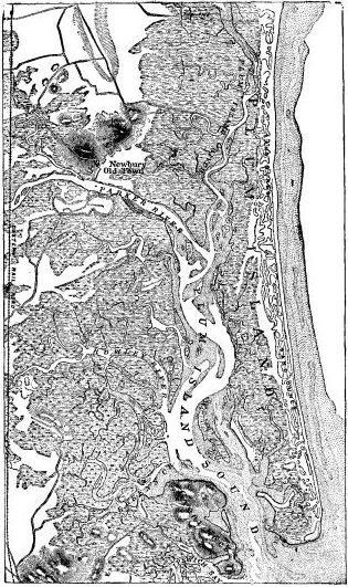 Fig. 19.&mdash;Map of Ipswich marshes, Massachusetts, formed
behind a barrier beach.