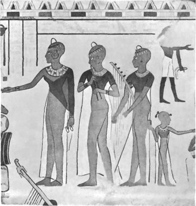FIG. 3.&mdash;OFFERINGS TO THE DEAD, WALL PAINTING,
EIGHTEENTH DYNASTY.

(FROM PERROT AND CHIPIEZ.)