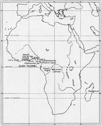 MAP OF AFRICA&mdash;WITH ONLY CACAO-PRODUCING AREAS MARKED.