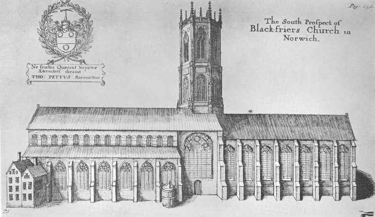 Blackfriar&rsquo;s Church, now called St. Andrew&rsquo;s Hall, 
Norwich, circa 1650.  Showing House in which the Public Library was 
originally established
