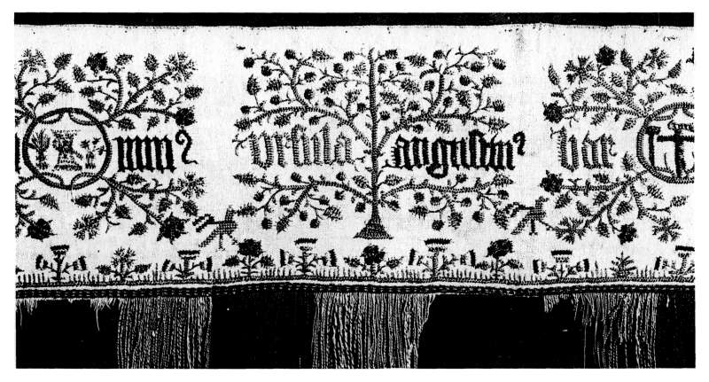 Plate IV.&mdash;A portion of an Altar Cloth Band, embroidered
in coloured silk threads upon a white linen ground.