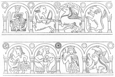 Rite of baptism on the font at Darenth, Kent (from Romilly
Allen's "Early Christian Symbolism")