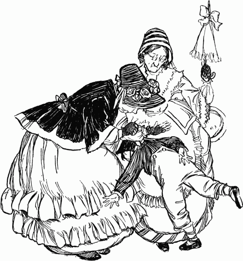 So far from falling, the hated Drowvey in spectacles appeared
to me to have muffled the Colonel's head in his outlawed banner, and to
be pitching into him with a parasol.