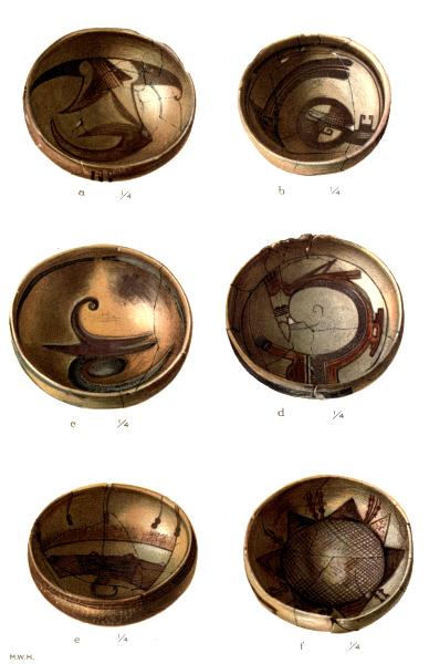 PL. CLII&mdash;
FOOD BOWLS WITH BIRD, FEATHER, AND FLOWER SYMBOLS FROM SIKYATKI