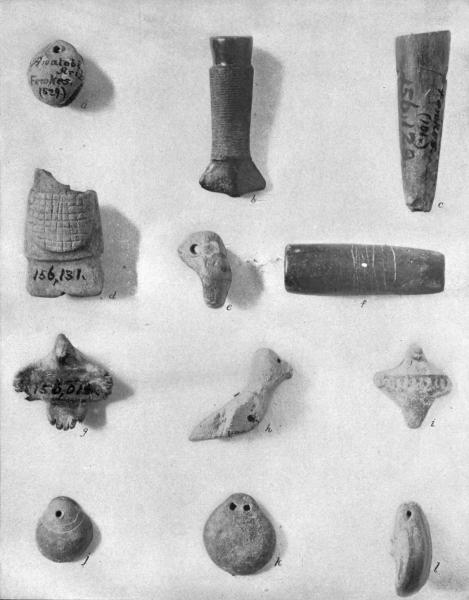 PL. CLXXIII&mdash;
PIPES, BELL, AND CLAY BIRDS AND SHELLS FROM AWATOBI AND SIKYATKI