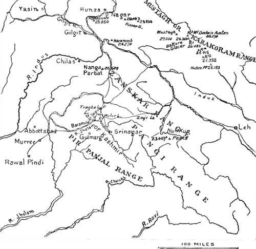Fig. 9. Muztagh-Karakoram and Himalayan Ranges in
Kashm&iacute;r.