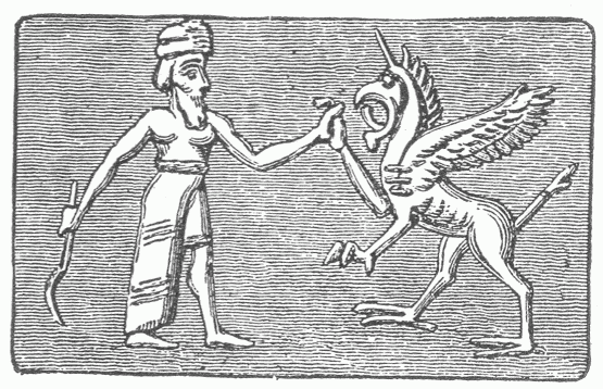 73.&mdash;BEL FIGHTS THE DRAGON&mdash;TIAMAT (BABYLONIAN
CYLINDER).