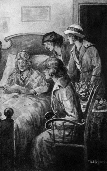 The three girls bent eagerly over Mrs. Bragley as she
opened one paper after another. (See page 65)