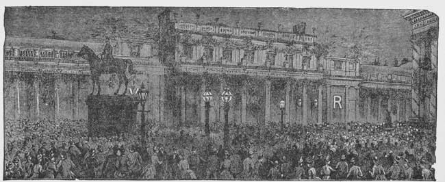 "MAC AND GEORGE WERE WITHOUT, AND WERE STRICKEN WITH
CONSTERNATION, FOR A MINUTE'S OBSERVATION OF THE GATHERING CROWD AND THE
RUSHING INTO THE BANK OF EXCITED PEOPLE CONVINCED THEM SOMETHING UNUSUAL
WAS IN THE WIND, AND THEY KNEW NOYES MUST BE IN DEADLY PERIL. MAC RUSHED
INTO THE BANK IN HOPE "TO WARN OR TO BE OF HELP."&mdash;Page 236.