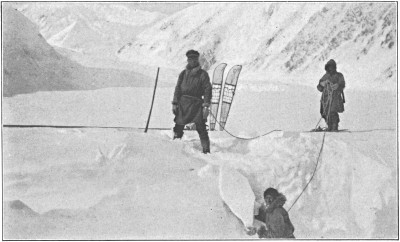Bridging a crevasse on the Muldrow
Glacier.