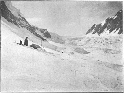 First camp in the Grand Basin&mdash;16,000
feet, looking up.