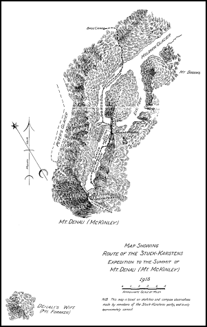 Map Showing Route of the Stuck-Karstens Expedition to the Summit of Mt.
Denali (Mt. McKinley) 1913.