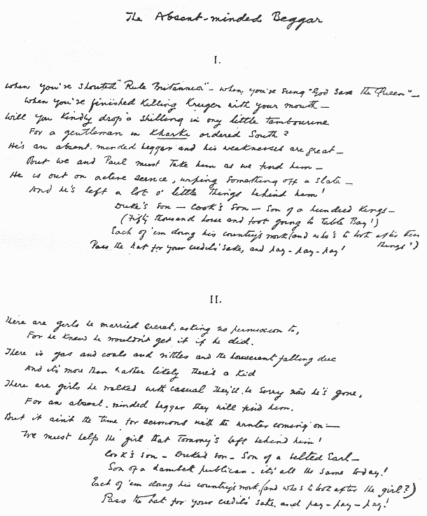 Facsimile of MS. of Mr. Rudyard Kipling's War
Poem "The Absent-minded Beggar"
