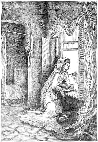"She sinks to her knees, and leaning out, absorbs the restfulness, the
peace, the white, pure glory of the dawn."&mdash;page 456.