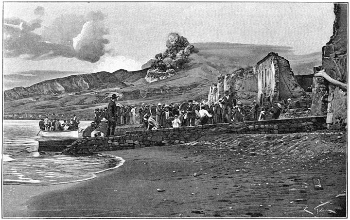 Uitbarsting van den Mont Pel&eacute; op 25 Januari 1903. Amerikaansche toeristen op hun wenken bediend.