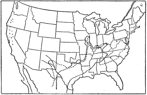 Fig. 1. Approximate Pecan areas. Native areas within
solid line. Cultural area within dotted line.