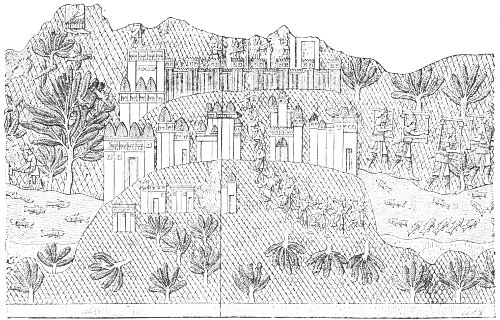 Fig. 39.&mdash;View of a Town and its Palaces. Kouyundjik. From
Layard.