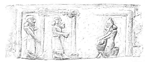 Fig. 73.&mdash;Interior of a house supported by wooden pillars;
from the gates of Balawat. British Museum.