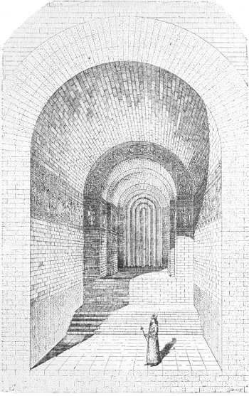 Fig. 90.&mdash;Interior of a chamber in the harem of Sargon's
palace at Khorsabad; compiled from Place.