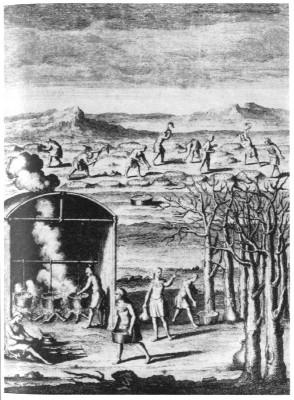 Indians boiling maple sap below and planting corn
above.