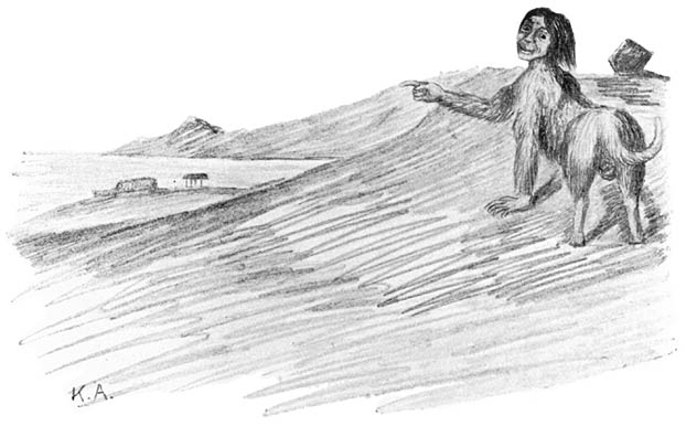 An &ldquo;inland-dweller,&rdquo; half dog, half human, pointing out a settlement for destruction.