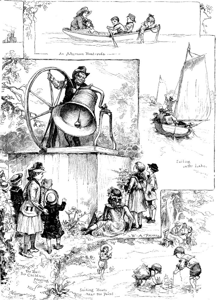 SCENES ON AND ABOUT THE SUNDAY-SCHOOL ASSEMBLY GROUNDS AT
CHATAUQUA LAKE, NEW YORK.&mdash;From Sketches by Frank Beard.&mdash;[See Page 626.]