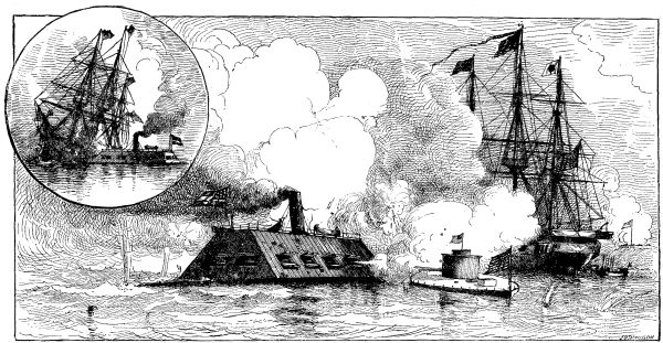 FIGHT BETWEEN THE "MONITOR" AND "MERRIMAC."&mdash;Drawn by J.&nbsp;O. Davidson.