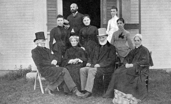 GROUP AT STURTEVANT'S, CENTRE HARBOR
Gertrude Cartland at Whittier's left, Mrs. Wade and Joseph Cartland at
his right. Mrs. Caldwell, wife of Whittier's nephew, at his left shoulder.