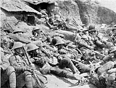 FAGGED OUT IN THE "WHITE CITY" AFTER WE RETIRED TO OUR
TRENCHES, JULY 1ST, 1916. SOME OF THE INCOMPARABLE 29TH
DIVISION