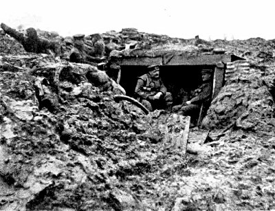 OUR DUG-OUTS IN THE FRONT LINE AT PICANTIN IN WHICH WE LIVED,
FOUGHT, AND MANY DIED DURING 1914-15, BEFORE THE DAYS OF TIN HATS